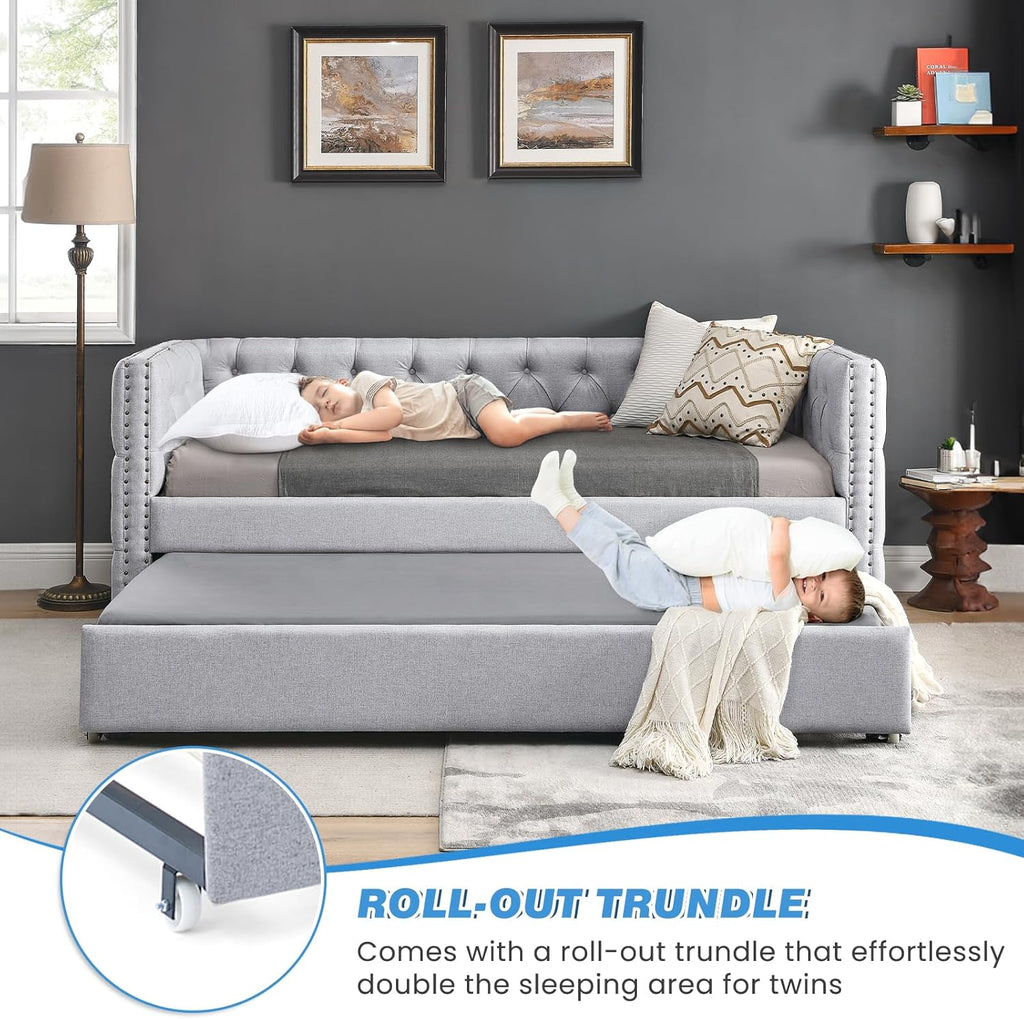 Daybed with Trundle, Modern Upholstered Full Size Day Bed Button-Tufted Sofa Daybed Frame with A Roll-Out Trundle, No