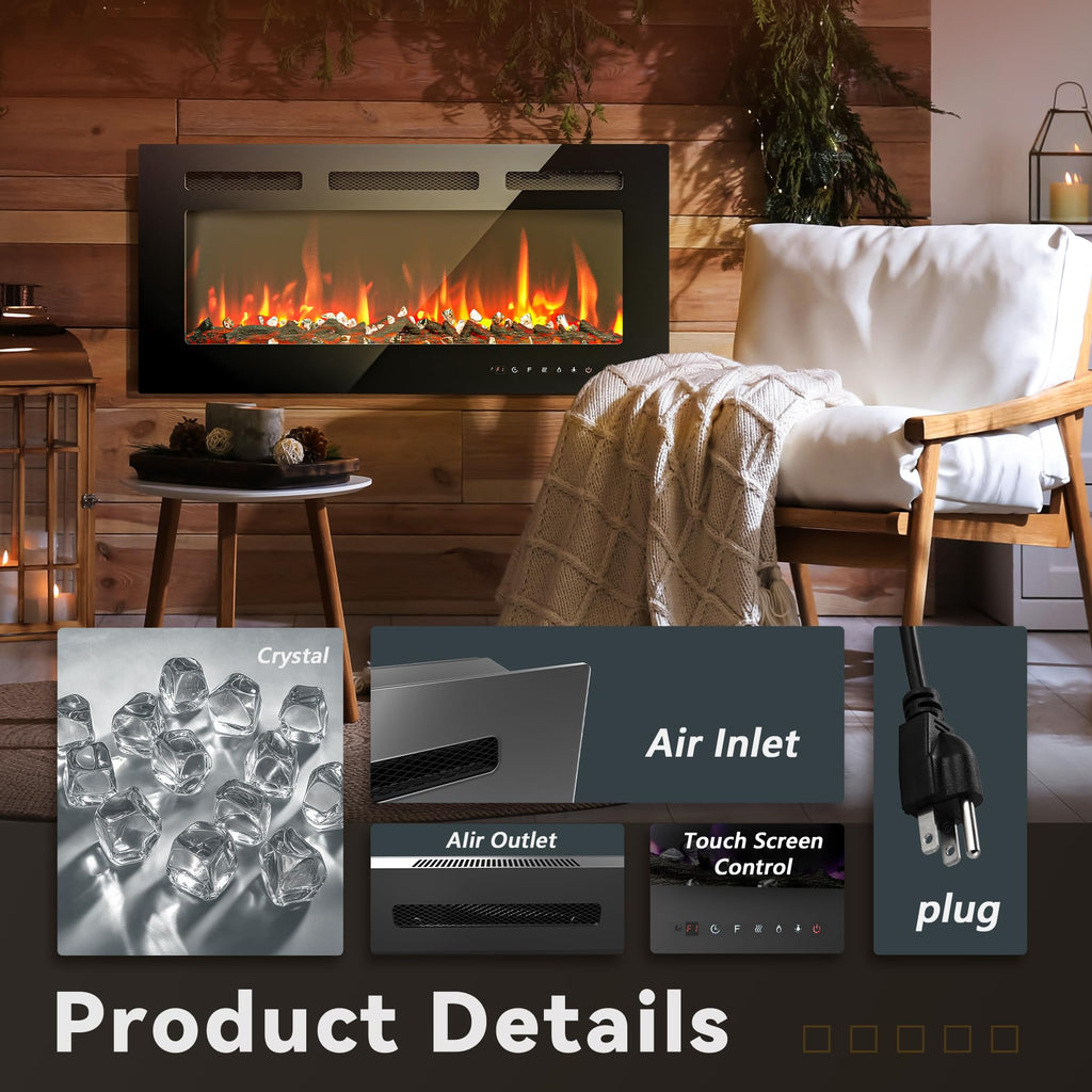 36 Inch Electric Fireplace Recessed and Wall Mounted