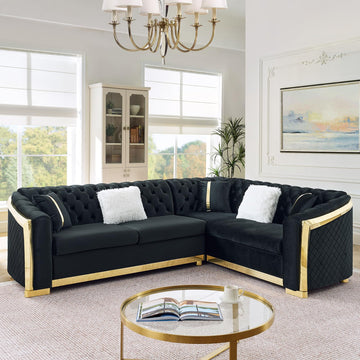 106" Oversize Button Tufted Chesterfield Sectional Sofa Set, Velvet L-Shaped Luxury Couches with Gold Stainless Steel