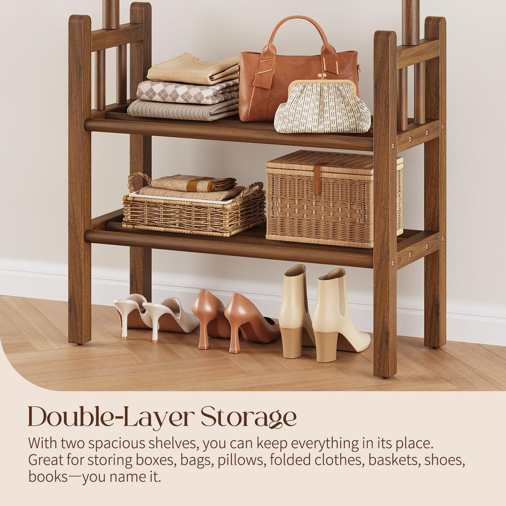 Solid Wood Clothing Rack with Shelves - Coat Rack Freestanding with 6 Hooks Load 450 Lbs, 3-in-1 Hall Tree for