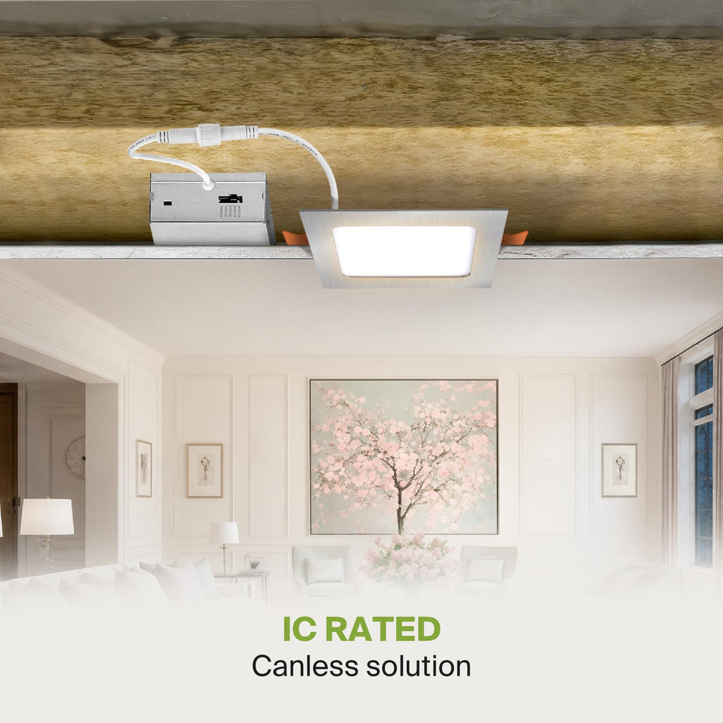 6 Pack LED Square Recessed Lighting 4 Inch, 5 CCT 2700K-5000K, 12W 50W Eqv, Ultra Thin Dimmable Ceiling Lights with J