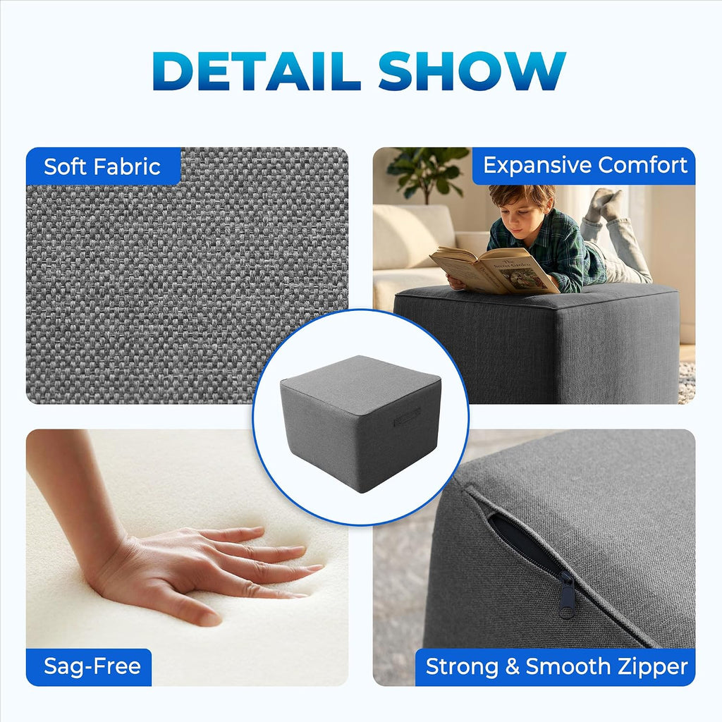 Square Outdoor Ottoman Pouf, 24" Waterproof Patio Foot Rest, Dark Gray | Ottoman Foot Rest, Comfy Footstool, Boneless