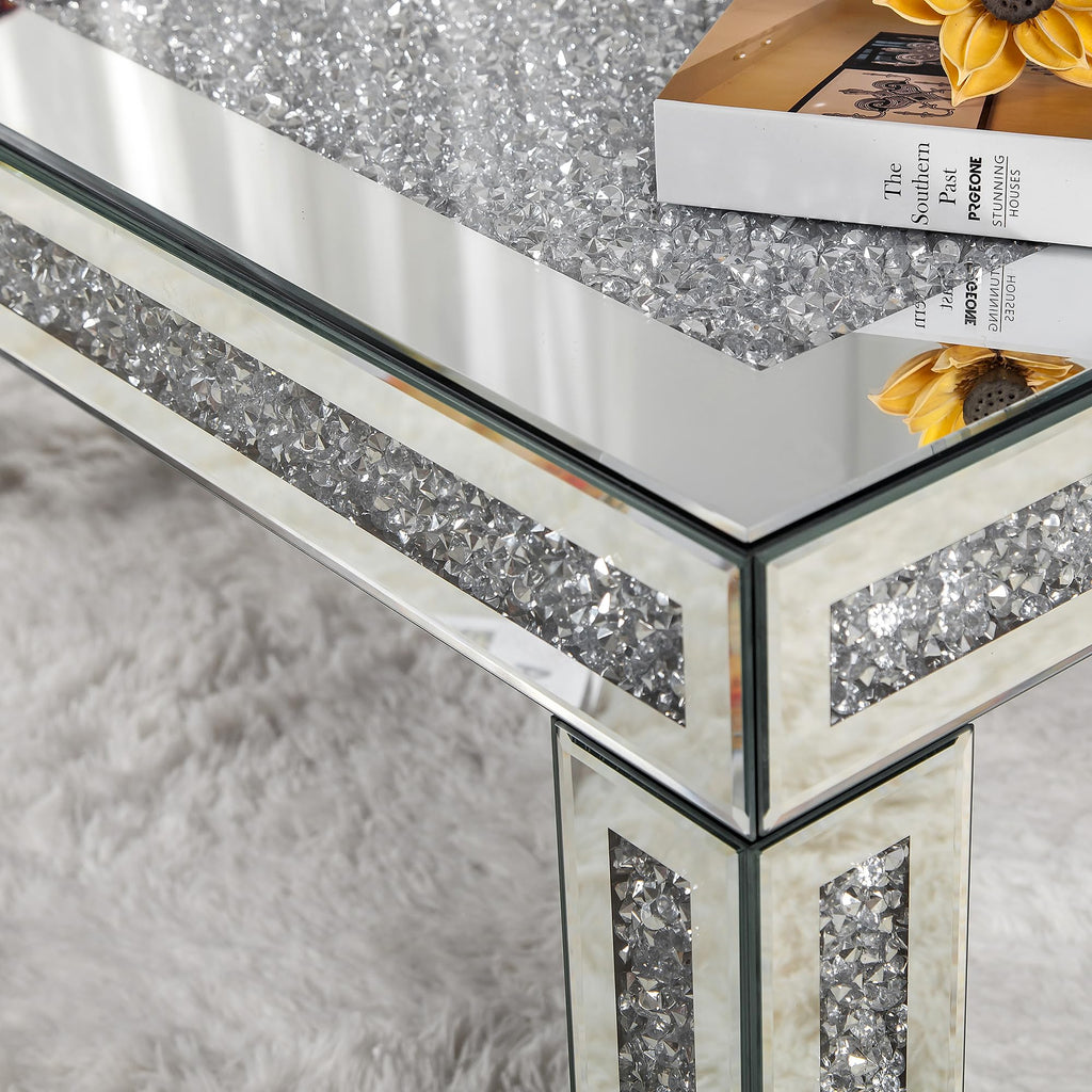 43.3" Silver Mirrored Coffee Table with Crushed Diamond Inlay