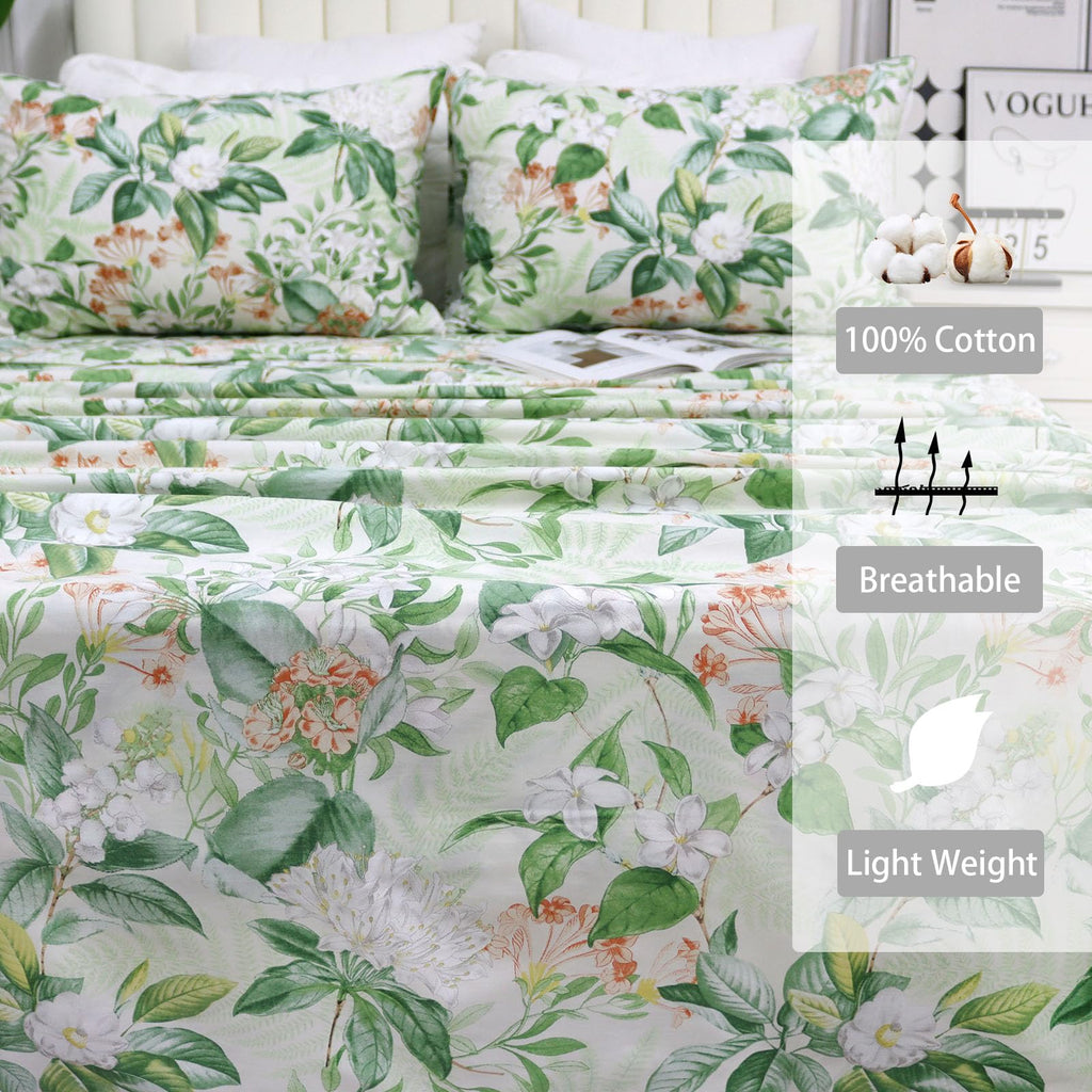 Green Floral Sheet Set Cal King, 100% Cotton Pink Flower Printed Sheets College Sheets Botanical Shabby White Floral