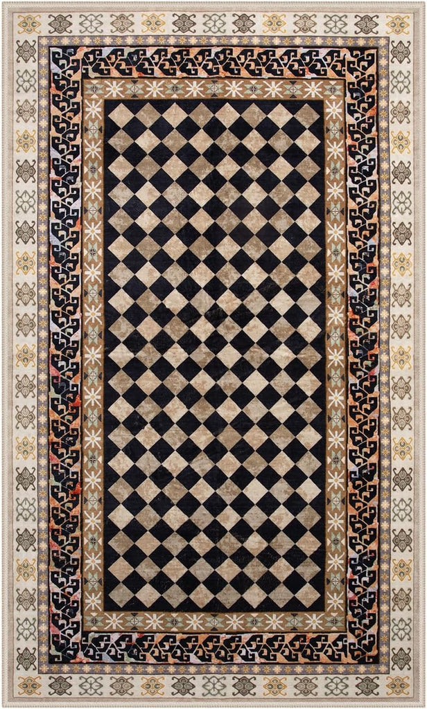 Washable Checkered Kitchen Rug, Black and Brown Trellis Rugs, Stain Resistant Non Slip Funky Carpet Throw Rugs