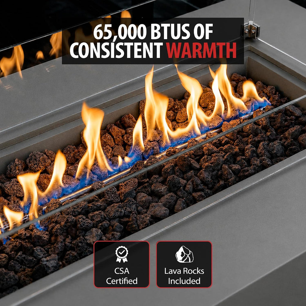 AMS 60" Rectangular Concrete GFRC Propane Gas Fire Pit Table (Light Gray) | (Madison) Smooth Texture Fire Pit Table