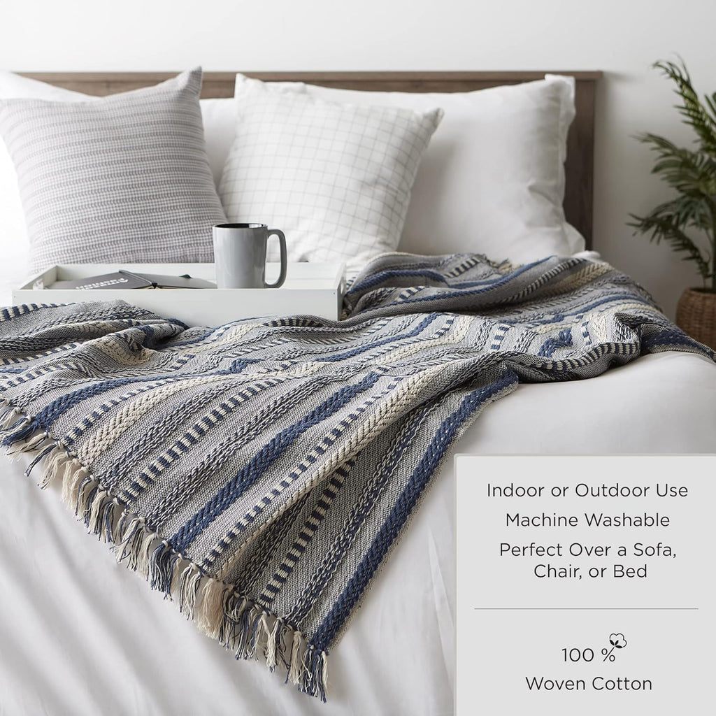 Farmhouse Woven Throw, 50x60 with 3" Fringe, French Blue