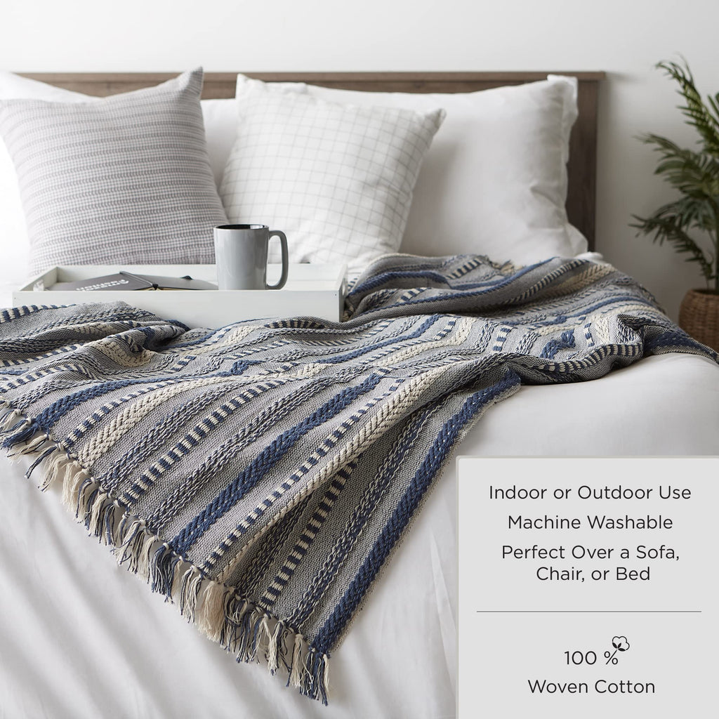 Rustic Farmhouse Cotton Cabana Striped Blanket Throw with Fringe, 50 x 60 - Cabana Striped Off-White with French Blue