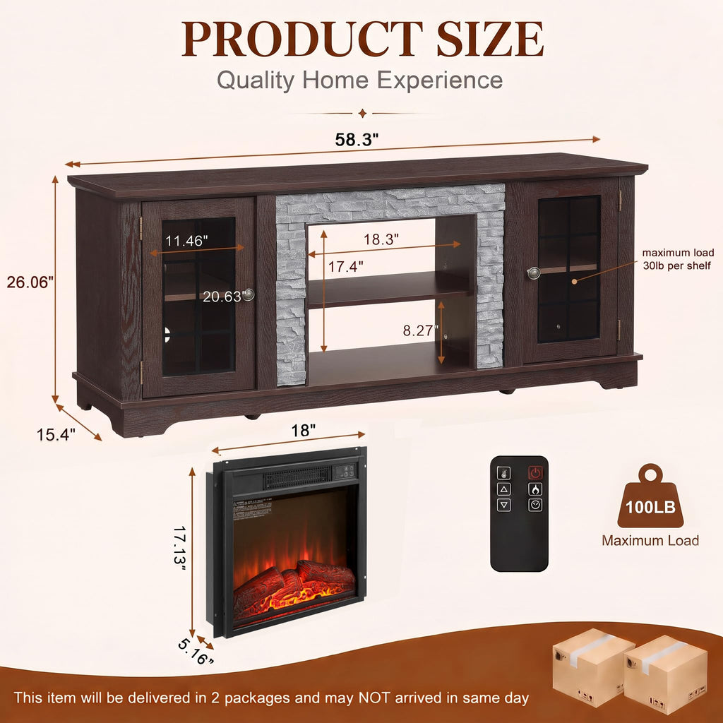 58" Fireplace TV Stand with Mantel for TVs up to 65" (Cherry)