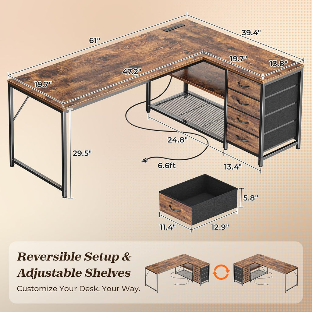 61" L Shaped Desk with Power Outlets & 4 Drawers | Reversible Computer Desk with 2 Storage Shelves, Large Corner