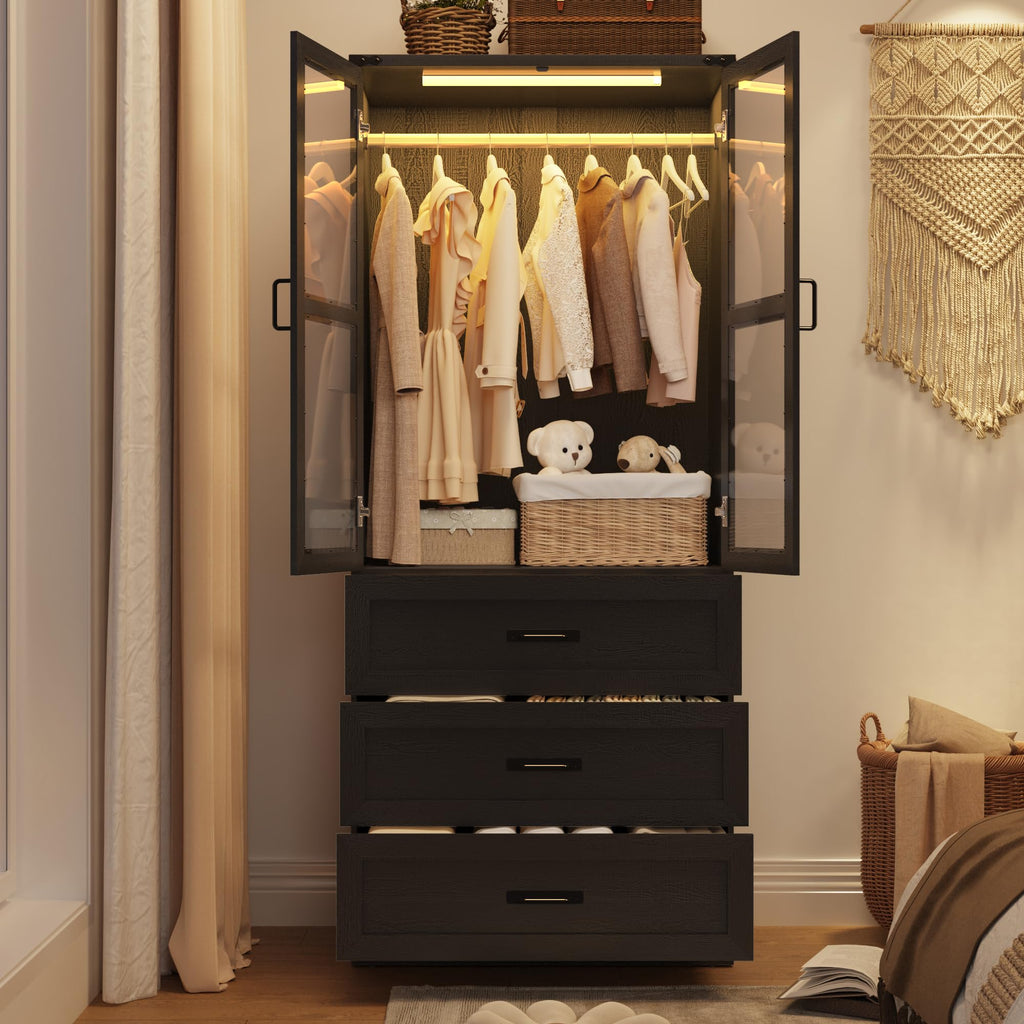 75" Tall Farmhouse 2 Doors Armoire Wardrobe Closet with 3 Drawers and LED, Freestanding Closet Wardrobe Cabinet with
