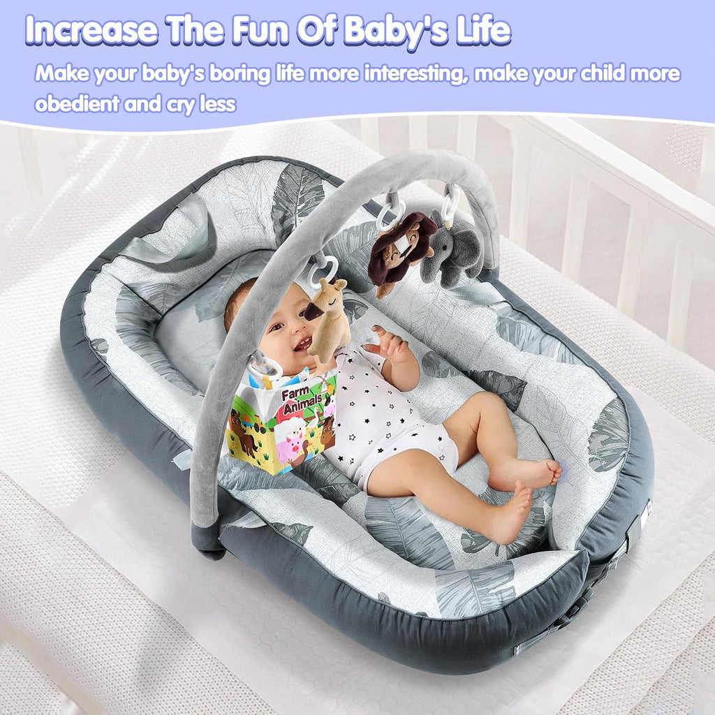 Portable Baby Lounger with 4 Toys,Infant Lounger with Fitness Rack, Breathable & Soft Cotton Newborn Lounger