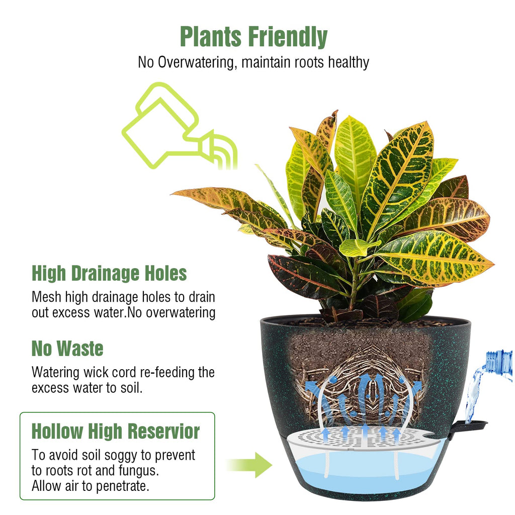 Large Self Watering Pots, 12/10/9 Plastic Planters with High Drainage Holes and Deep Reservoir for Indoor Outdoor