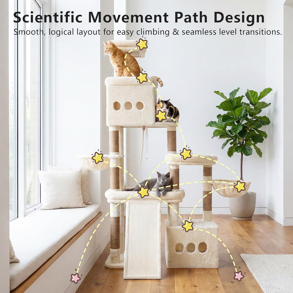 Cat Tree, 72.4-Inch Anti-Tip Cat Tower for Large Cats, All-in-One Cat Furniture with Spacious Perches