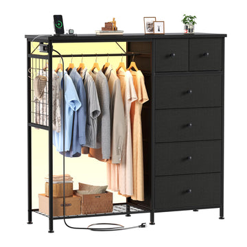 6 Drawer Fabric Dresser with Hanging Rack, LED Lights & Charging Station, Storage Organizer with Wooden Top, Black