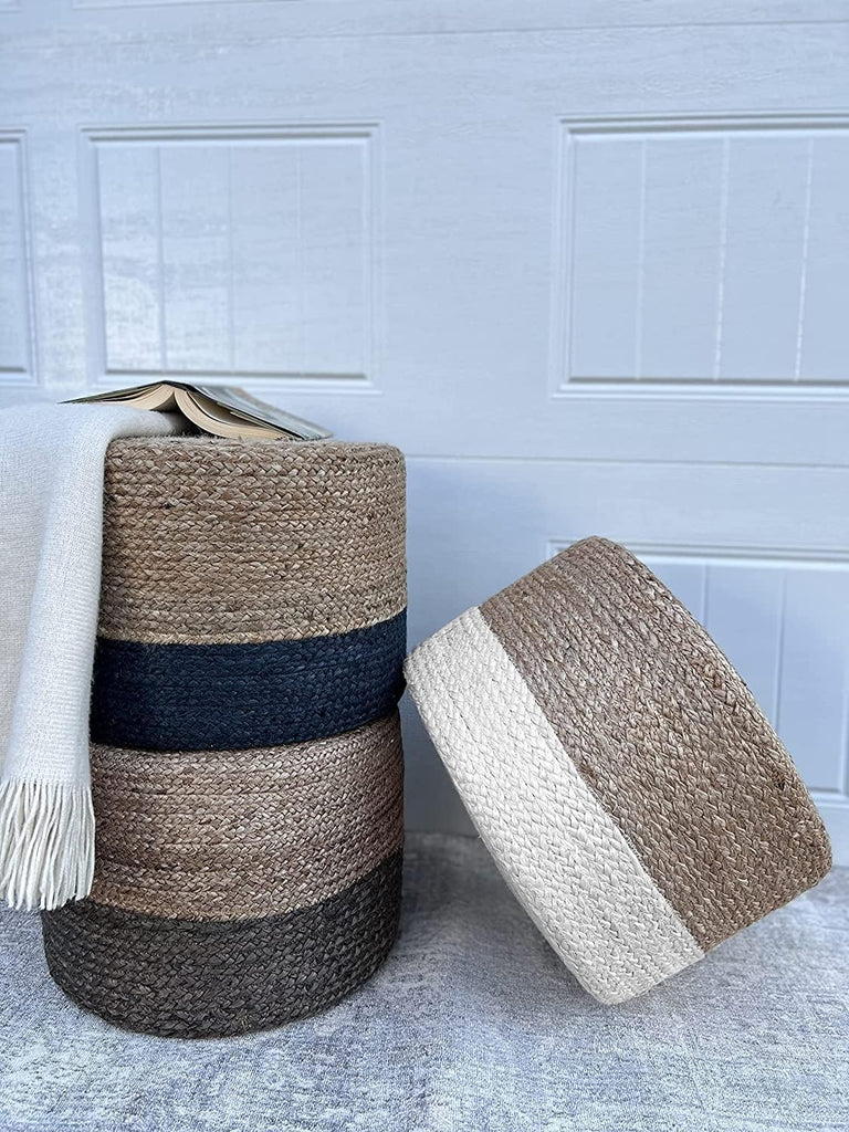 Jute Pouf Ottoman | Footrest Pouf | Hand Braided - Round Boho Pouffe - (18"x18"x12") Ivory