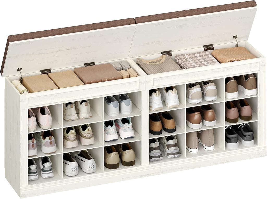 Shoe Bench with Cushion, Farmhouse Storage Bench with 18 Cubbies & Hidden Storage Space, Large Capacity Organizer