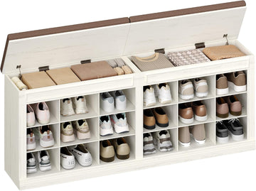 Shoe Bench with Cushion, Farmhouse Storage Bench with 18 Cubbies & Hidden Storage Space, Large Capacity Organizer