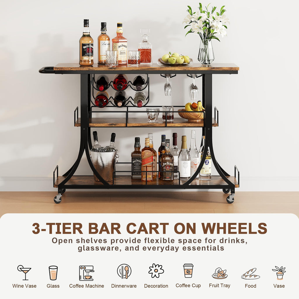 3-Tier Rustic Wooden Bar Cart with Wheels