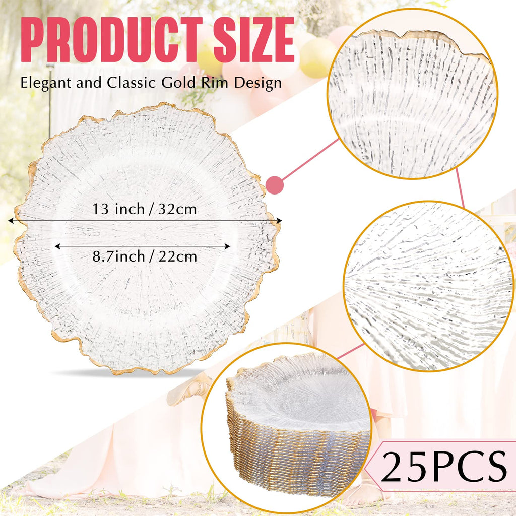 25 Pack 13 Inch Clear Charger Plates, Gold