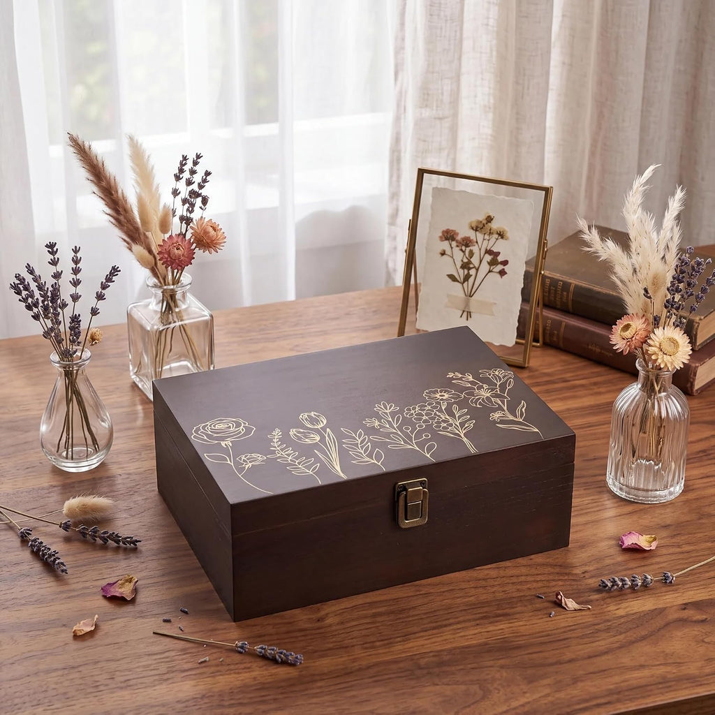 Wildflower Wooden Keepsake Box, 10.6 x 7.7 x 3.9 Inch Decorative Memory Box with Hinged Lid for Crafts Photos Letters