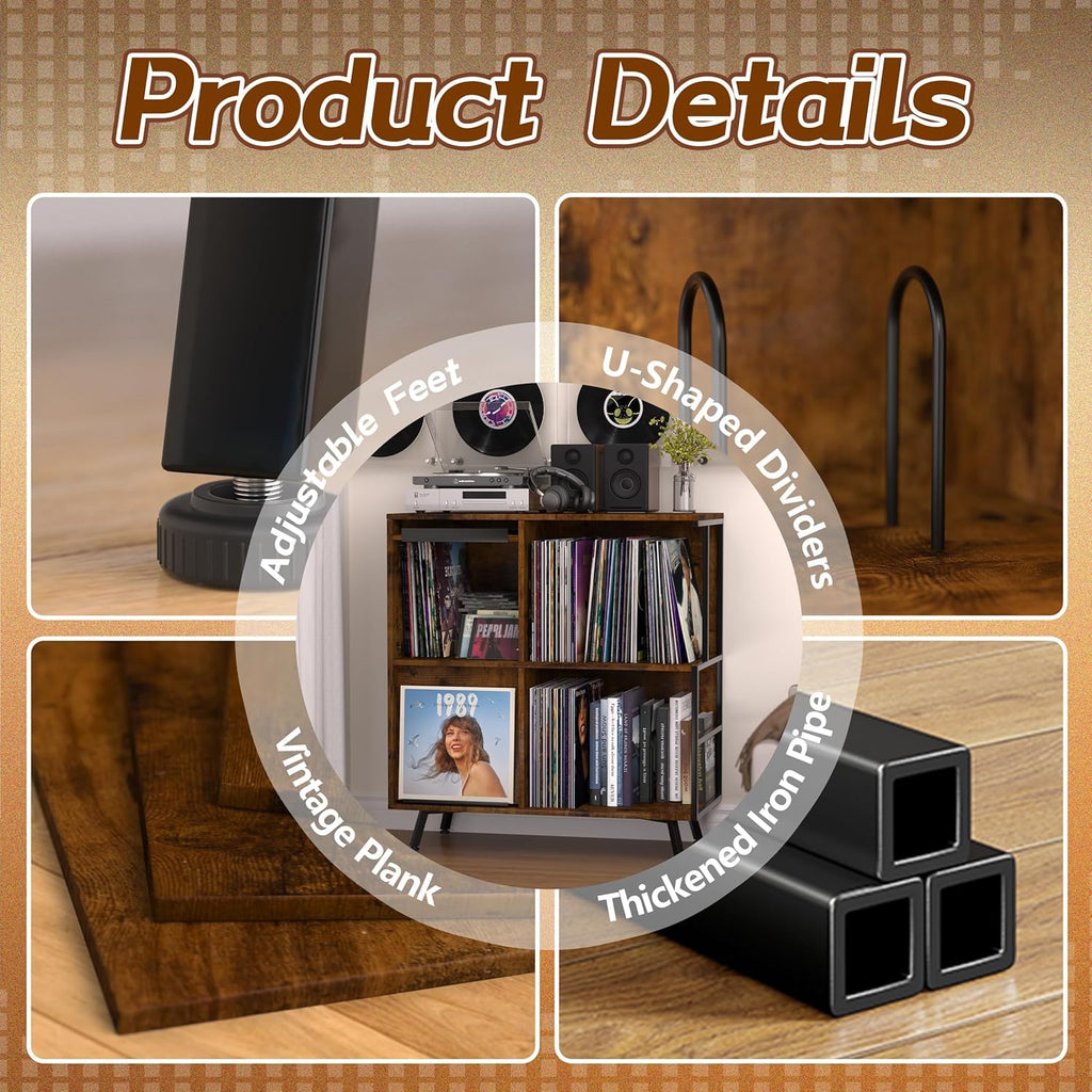 3 Tier Record Player Stand with Flip-Down Record Shelf, Rustic Brown