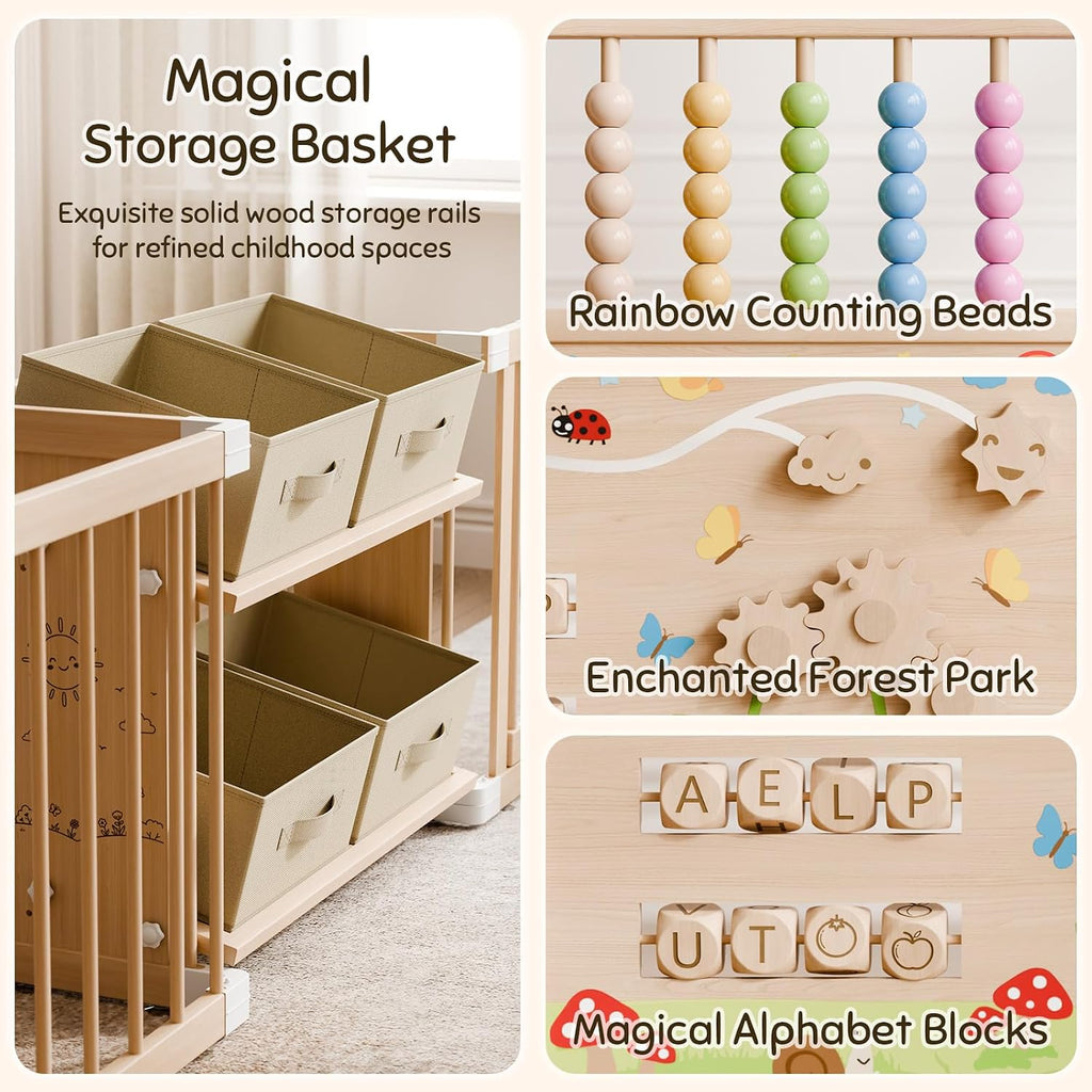 Large Wooden Baby Storage Playpen 9+3 Panels 71"×48" | Size Adjustable Play Yard for Babies and Toddlers, Baby Fence