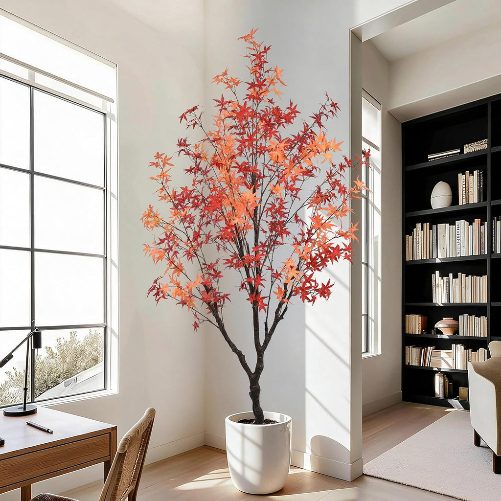 Maple Tree 7FT - Large Faux Plant Indoor with Orange Red Leaves & Realistic Trunk, 84" Tall Fake Autumn Maple Tree