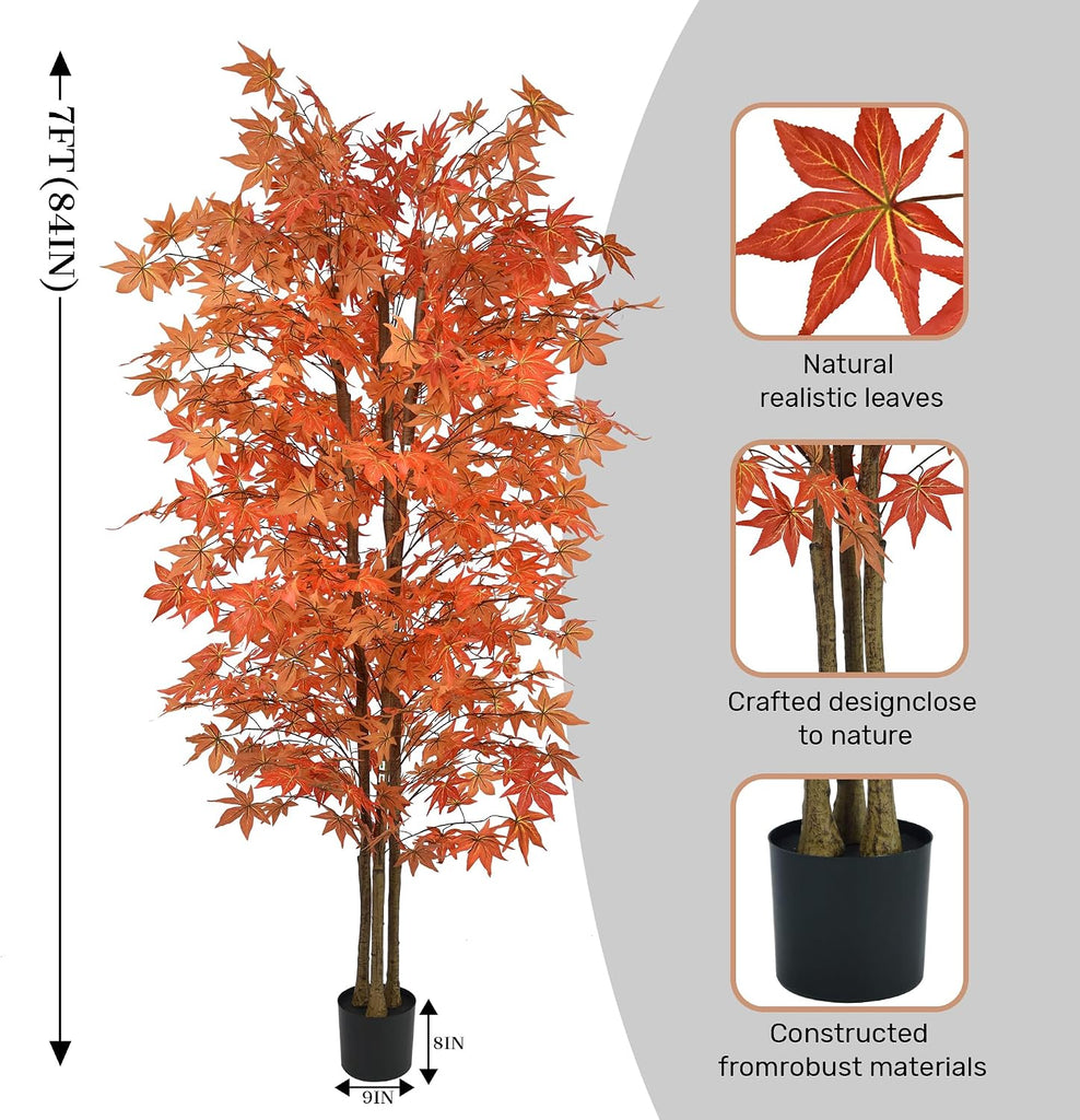 Red Maple Tree 7FT Tall Faux Plant with Natural Trunks and Realistic Leaves,Fake Floor Potted Artificial Plants