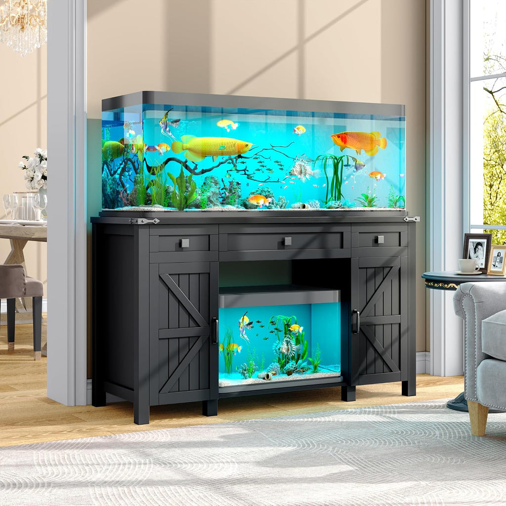 Farmhouse 55-75 Gallon Fish Tank Stand with Power Outlet, Aquarium Stand with 2 Drawers and Adjustable Shelves, Heavy