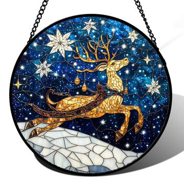 Stained Glass Window Hanging - Reindeer Blue Starry Sky Suncatcher for Doors Home Christmas Decoration Winter