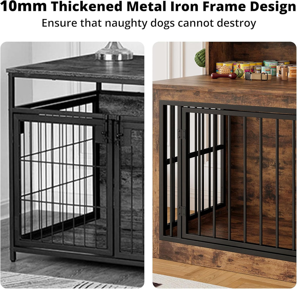 Extra Large Dog Crate Furniture, 43.3 inches Wooden Dog Crate with Storage and 4 Hooks