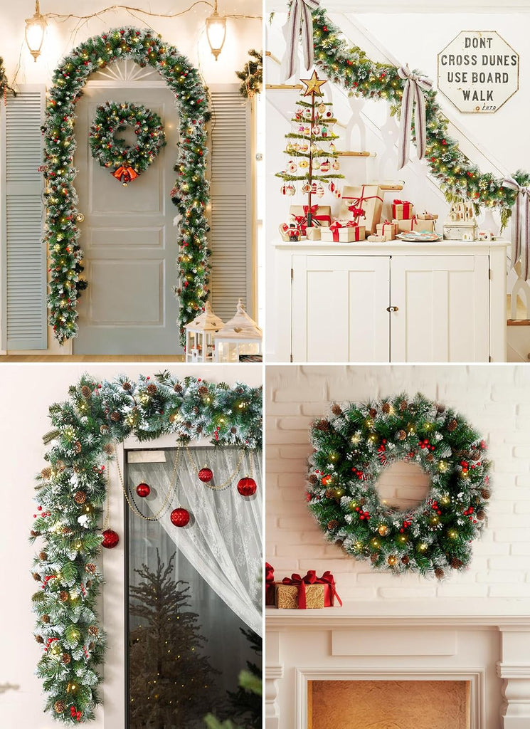 Christmas Garland with Lights, 9Ft Prelit Garland, 8 Light Modes & Timer