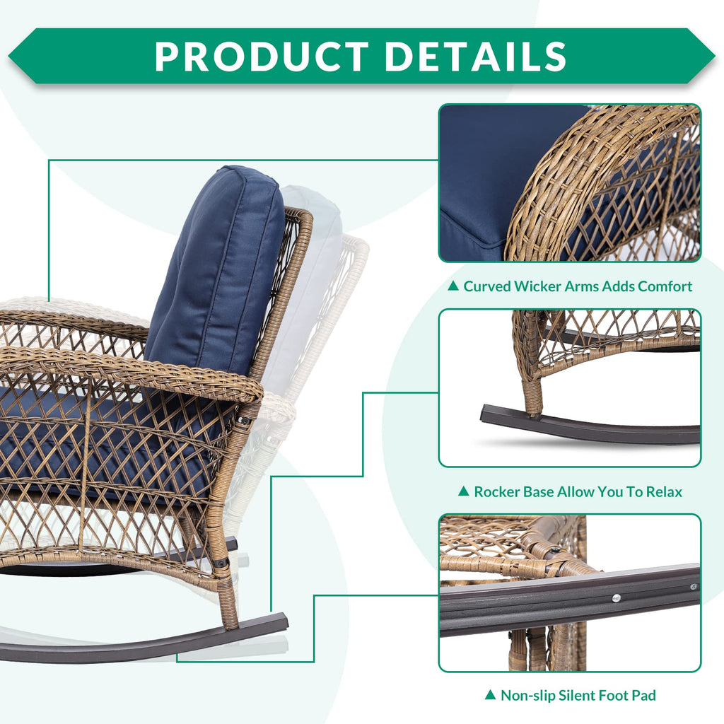 Outdoor Wicker Rocking Chair, Patio Rattan Rocker Chair with Cushions & Steel Frame, All-Weather Rocking Lawn Wicker