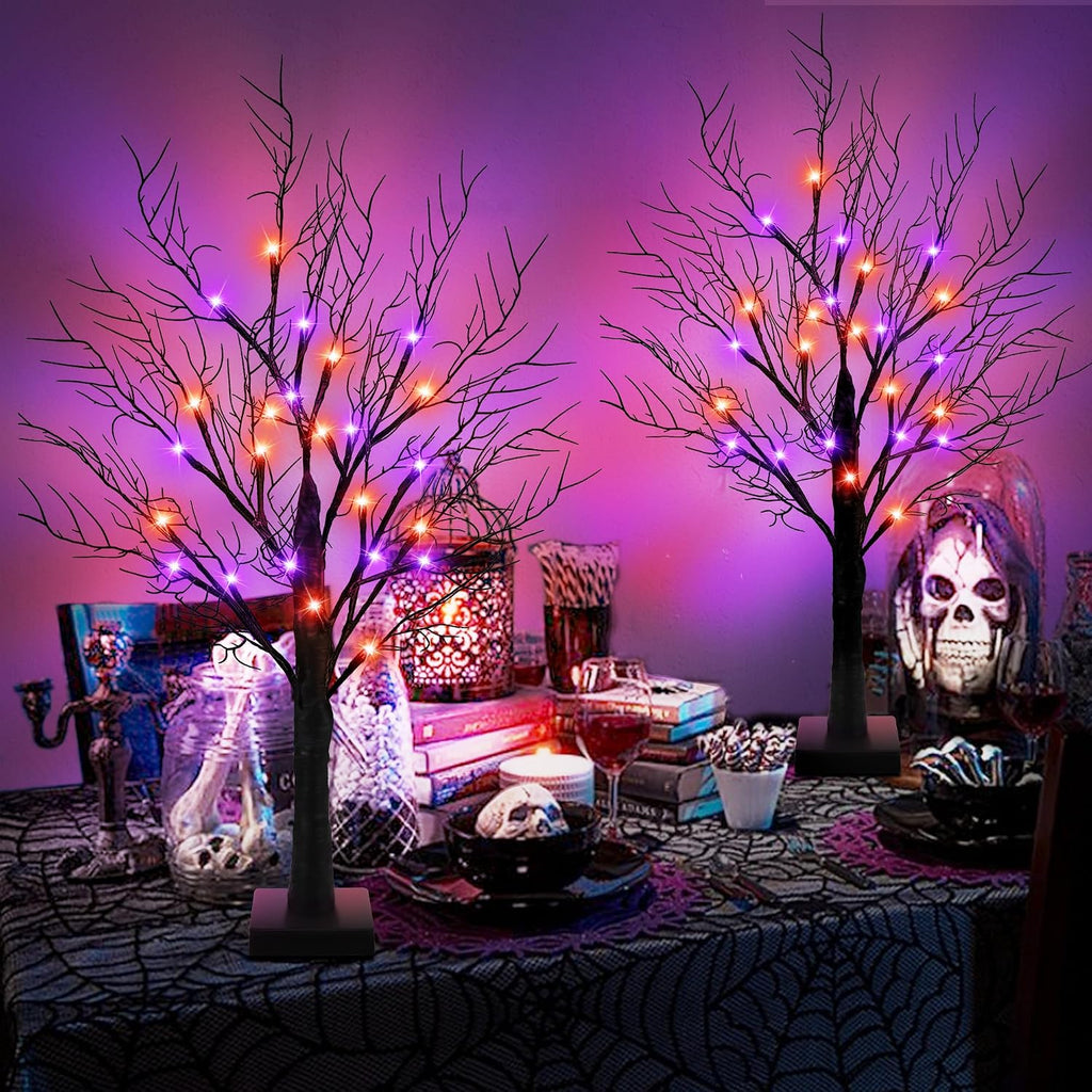 [Timer] 2 Pack Halloween Decorations Indoor, 24 Inch Halloween Tree with 24 Orange & Purple Lights, USB & Battery - Set of 2