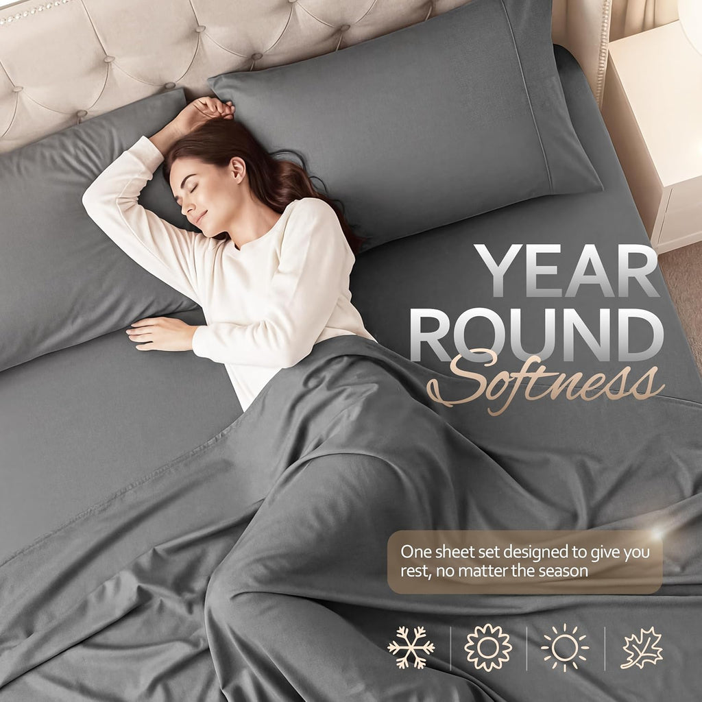 Queen 4 Piece Sheet Set, Extra Soft Cooling & Breathable Microfiber, Includes 1 Flat Sheet, 1 Fitted Sheet & 2