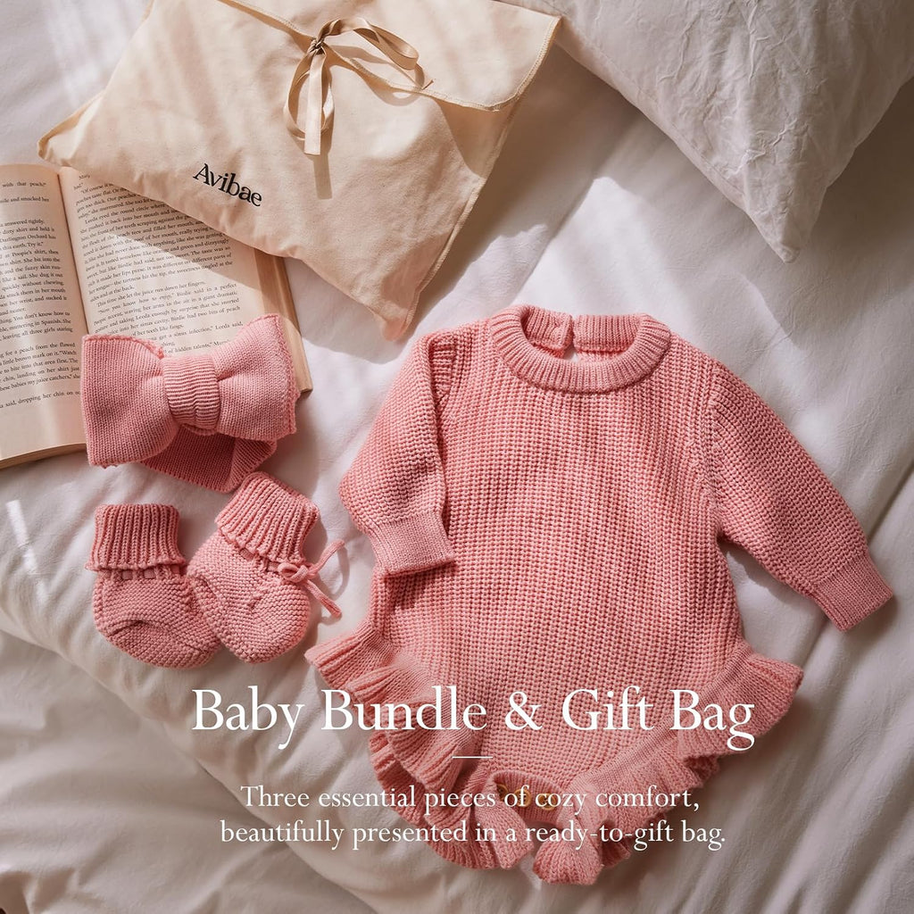 Cotton Newborn Set with Knit Sweater, Hair Band, Booties, Baby Girls