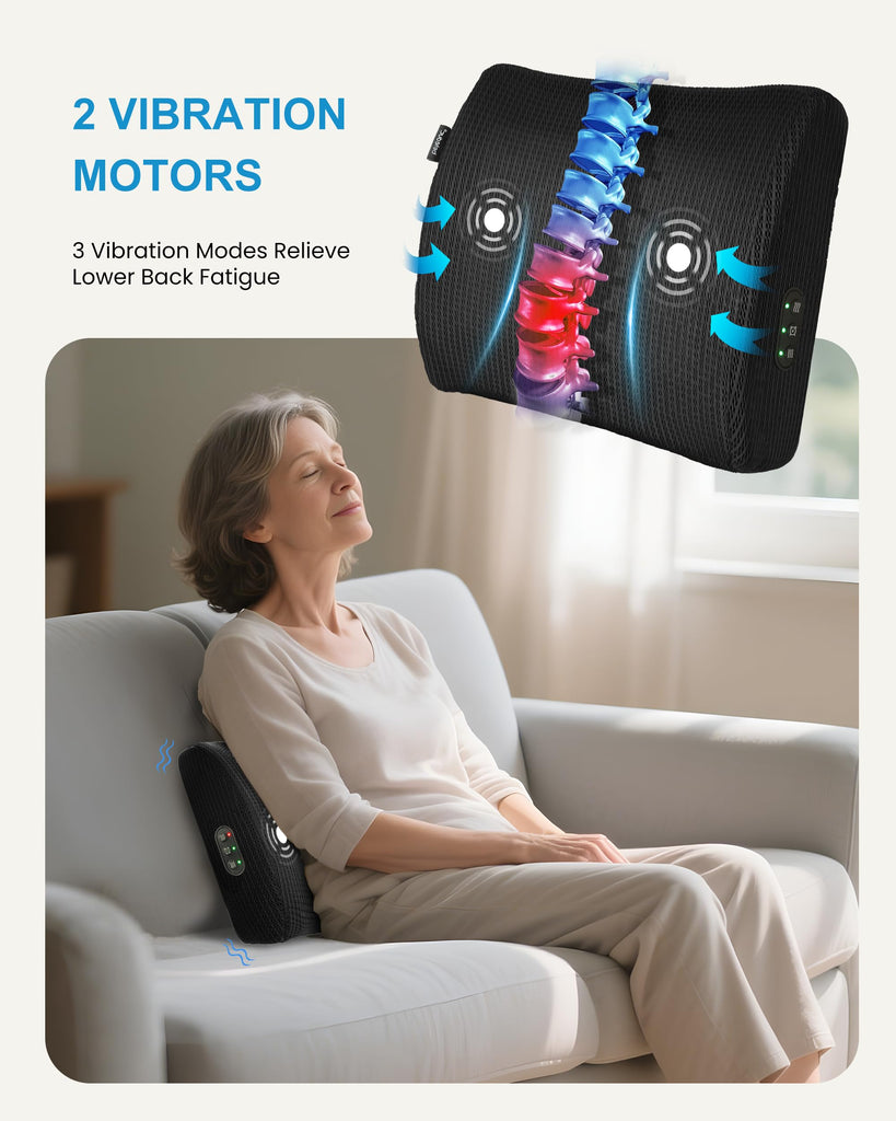 Lumbar Support Pillow Chair - Heated Back Support Pillow with Vibration Massage, Ergonomic Back Massager for Chair