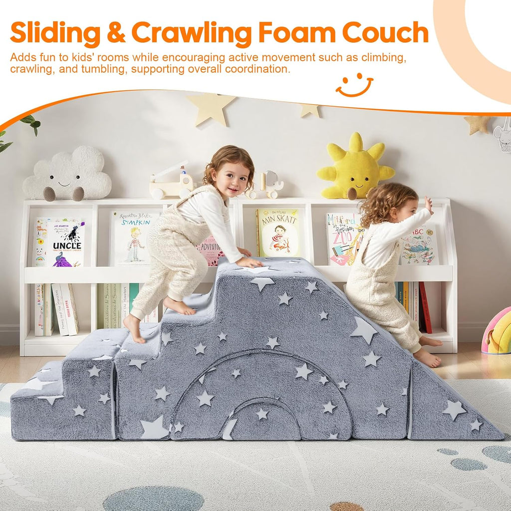 Kids Couch, Glow in Dark Stars Foam Climbing Sofa with Slide