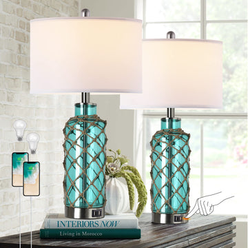 Cottage Nautical Accent Table Lamp Set of 2, Touch Control Coastal Blue Green Glass Rope Net Bedside Lamp with 2 USB