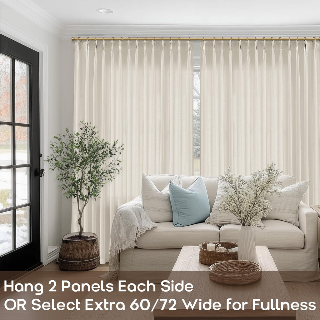102 Inch Long Oatmeal Pinch Pleated Linen Curtains, Lightweight Semi Sheer Natural Fabric Fiber Color Floor to