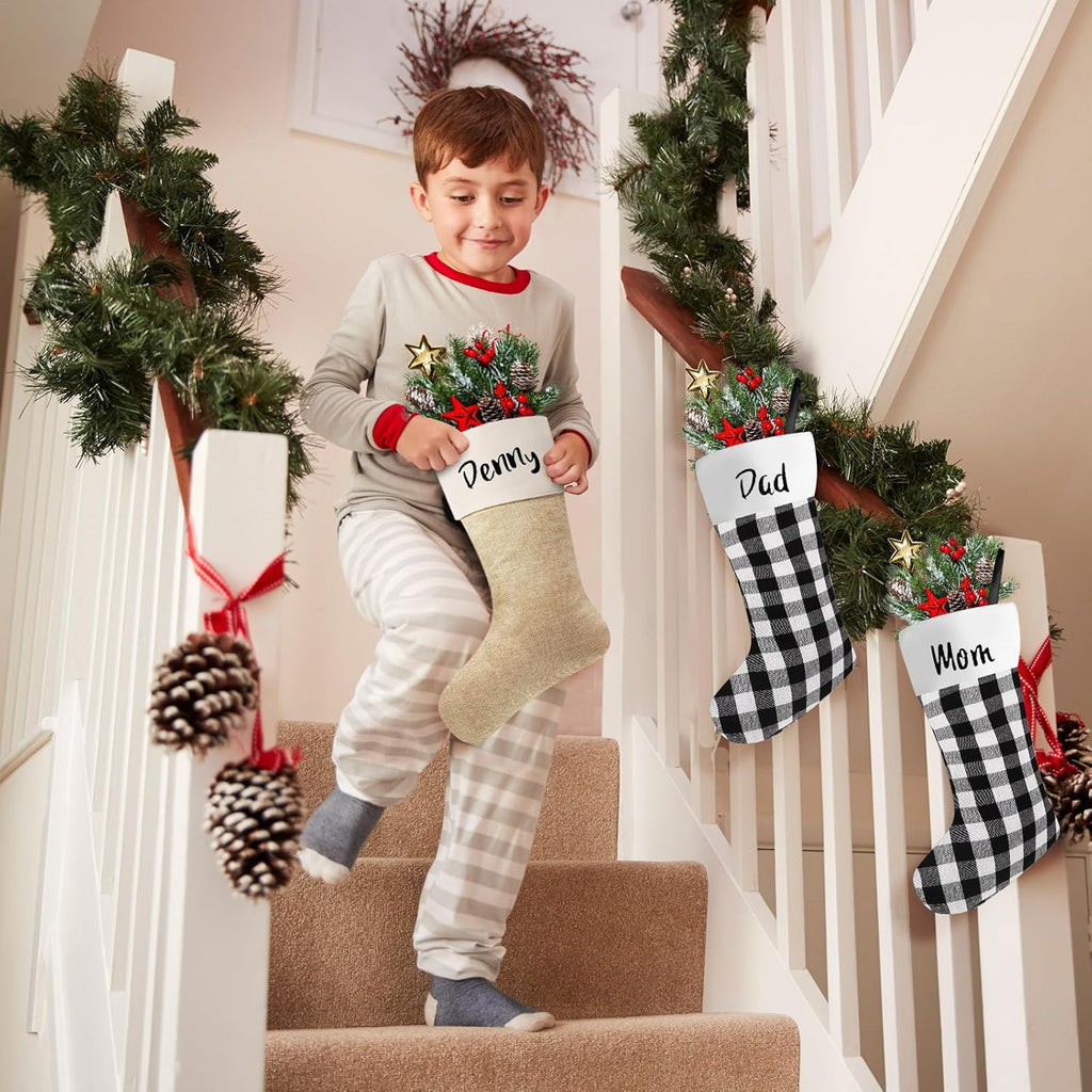 6pcs Christmas Stocking Buffalo Plaid Decor, Black White, Light Brown