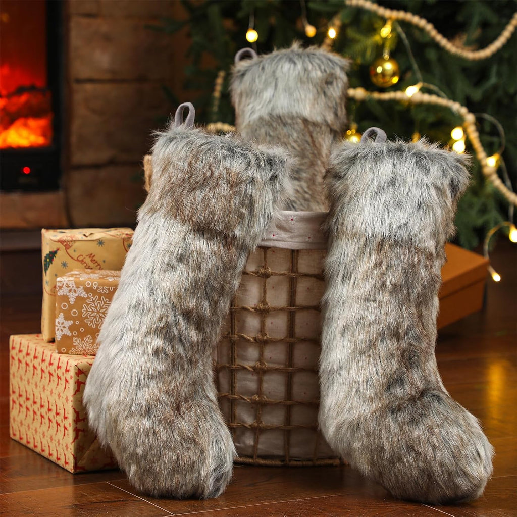 3 Pcs Christmas Stockings Faux Fur 20 Inch Holiday Fireplace