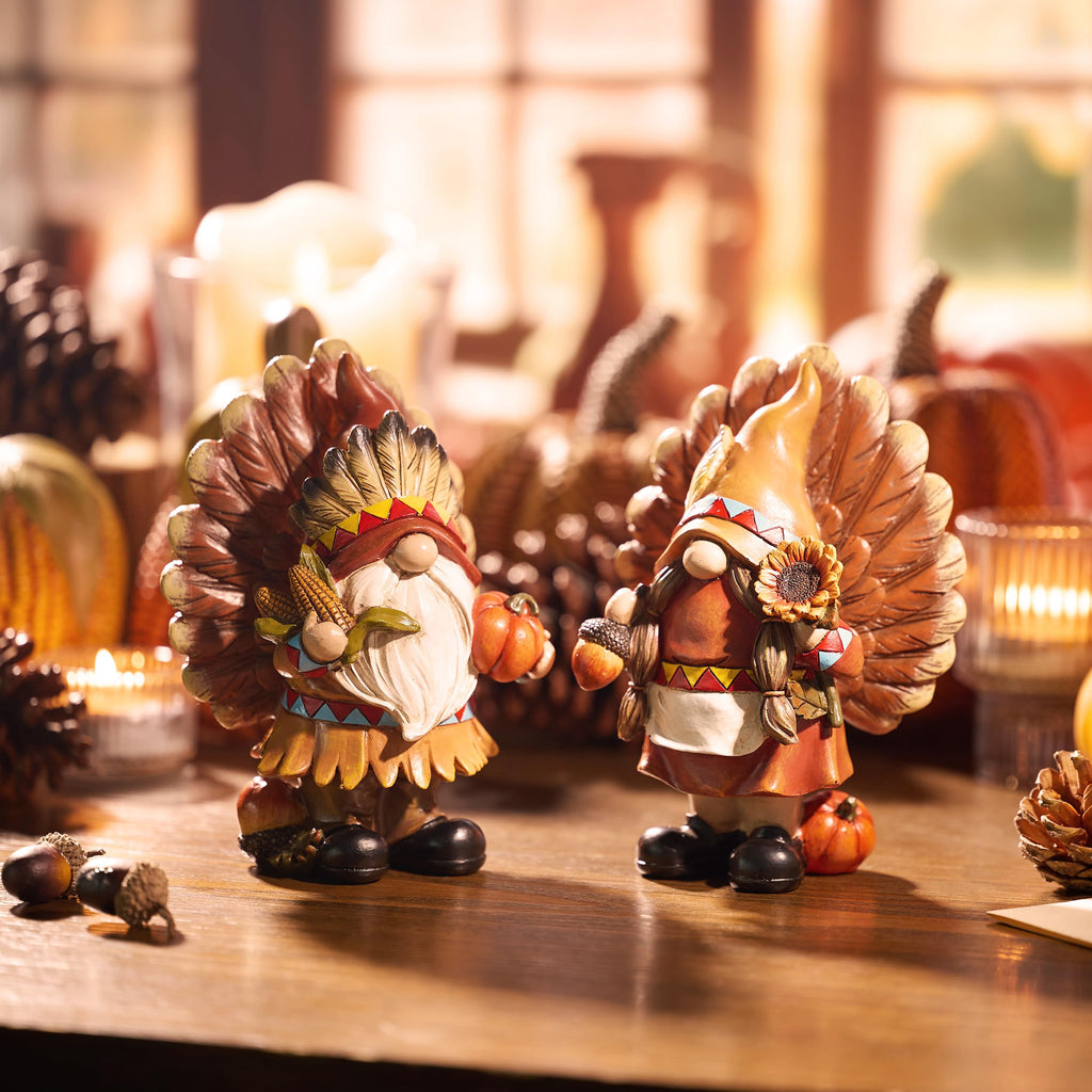 Fall Decorations, 2 Pcs Indian Fall Gnomes Thanksgiving Decor for Table Indoor, Resin Turkey Decorations Native