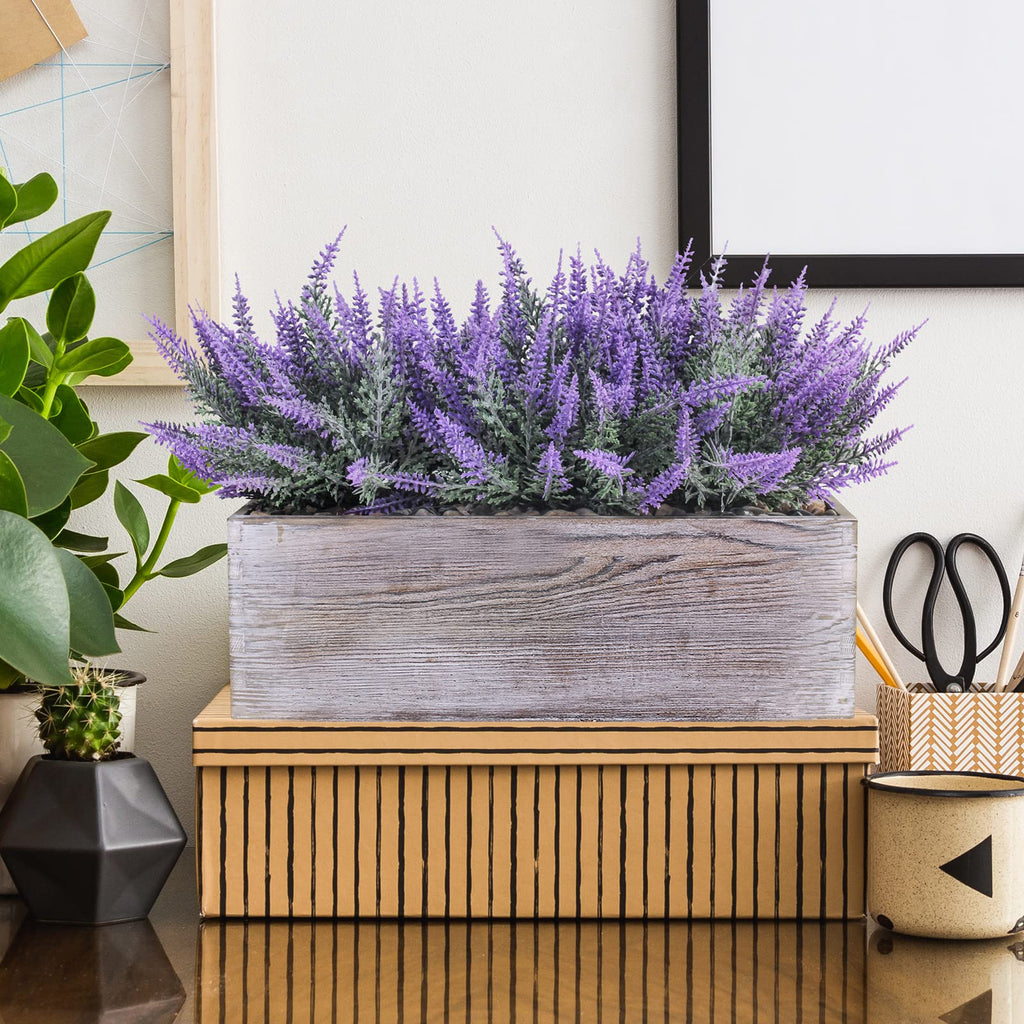 Fake Lavender Flower Arrangement in Rustic Rectangular Wood Planter Box Artificial Potted Lavender Plant for Gifts