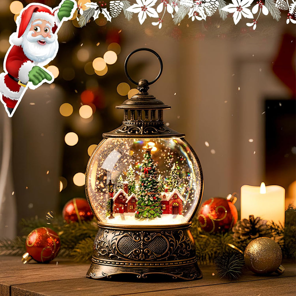 Christmas Village Snow Globe Lighted Christmas Tree and Village Scene, Musical Snow Water Lantern Swirling Glittering