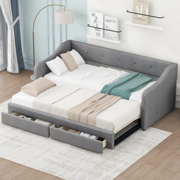 Twin XL to King Daybed Frame with Storage Drawers and Trundle, No Box Spring Needed, Furniture, Gray