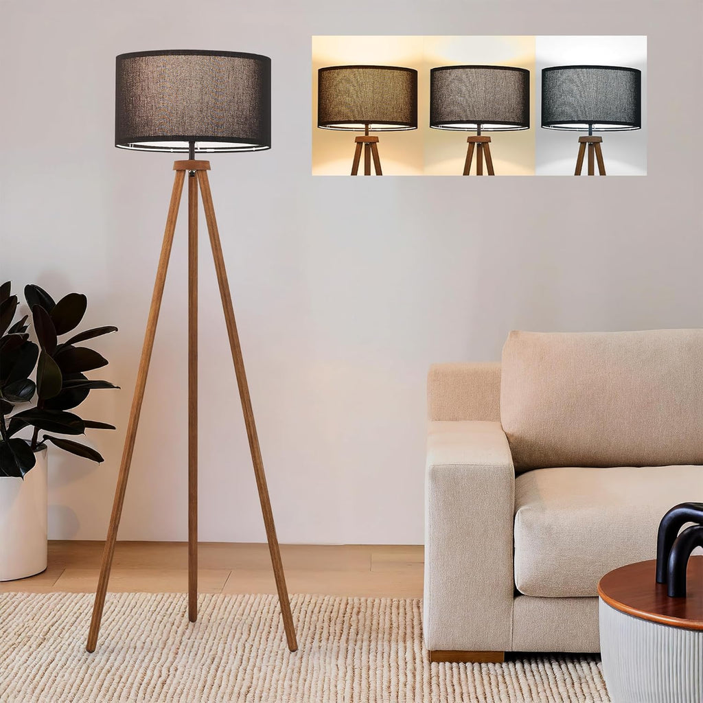 Wood Tripod Floor Lamp Modern Standing Lamp with Black Drum Shade, Industrial Tall Reading Lamp Living Room Bedroom