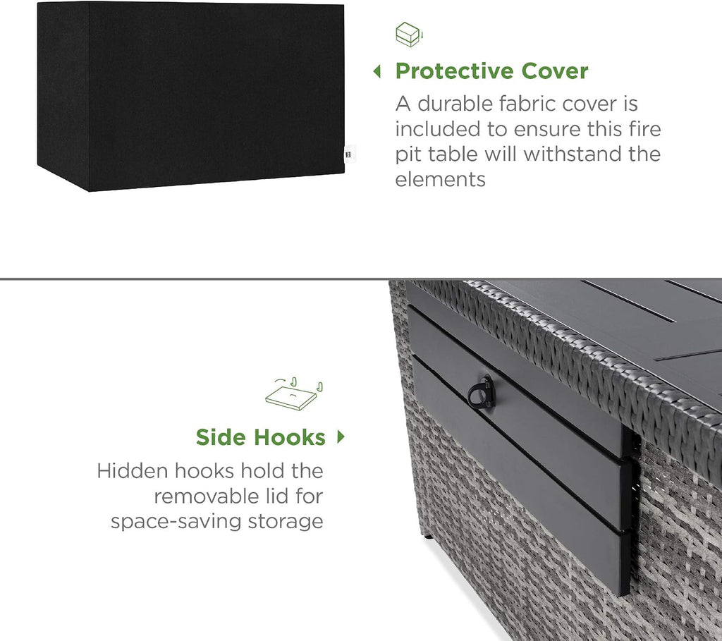 52in 50,000 BTU Outdoor Wicker Patio Propane Gas Fire Pit Table w/Aluminum Tabletop, Glass Wind Guard