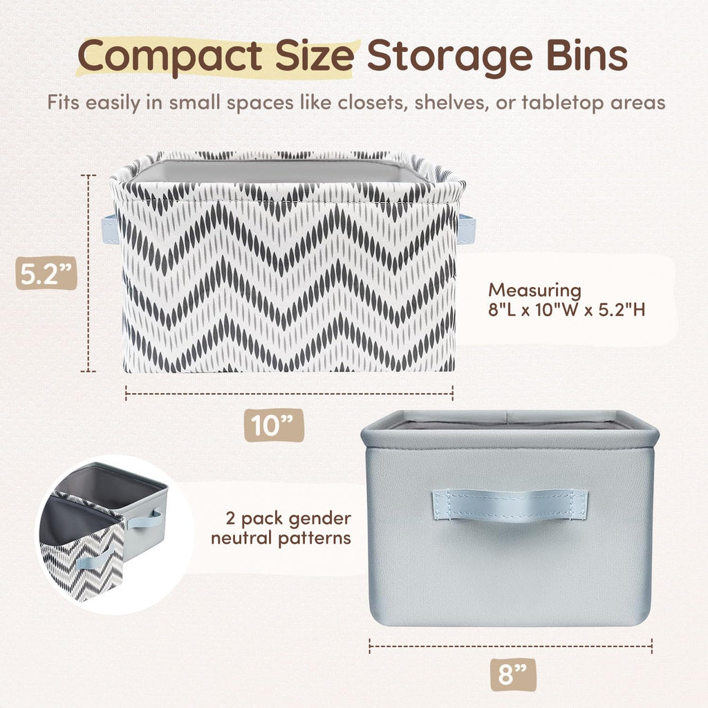 Fabric Storage Bins Cute 8"x5.2"x10" - Collapsible Neutral & Chevron Kids Baskets with Handles 2 Pack, Hamper Fabric
